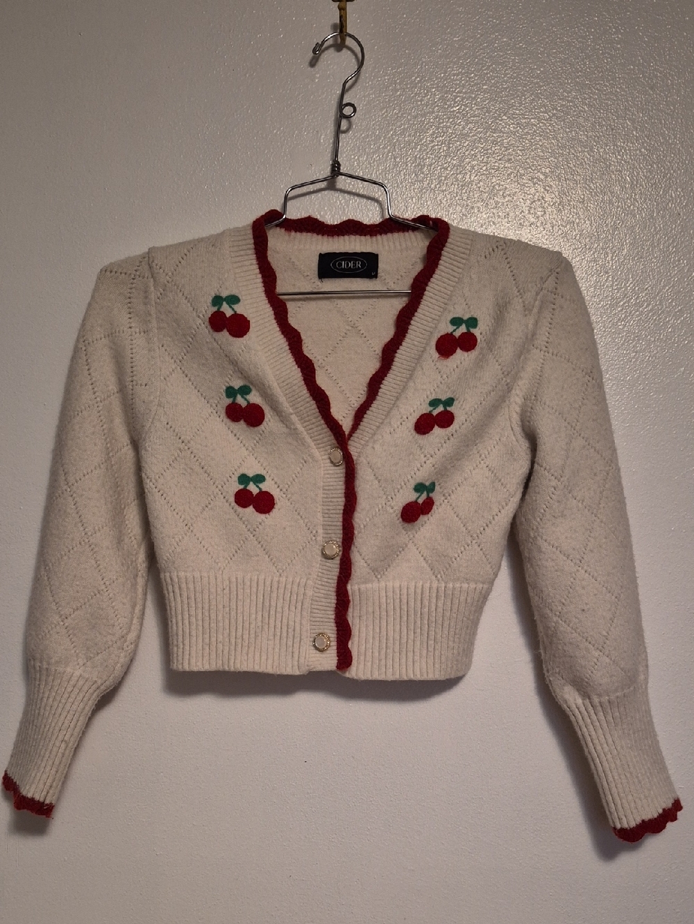 Embroidered Cherries Button Front Sweater M Cider Trendy Cute